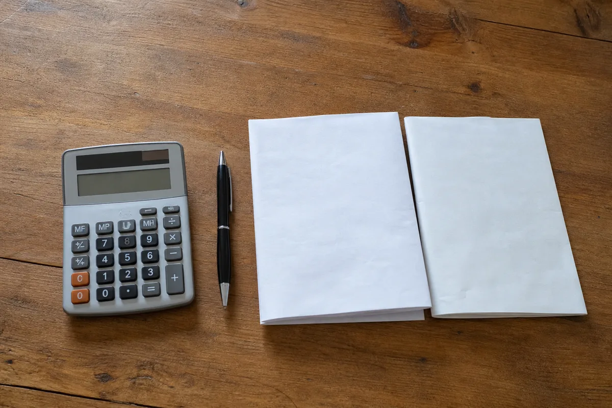 Calculator, pen and two folded documents side by side on a kitchen table