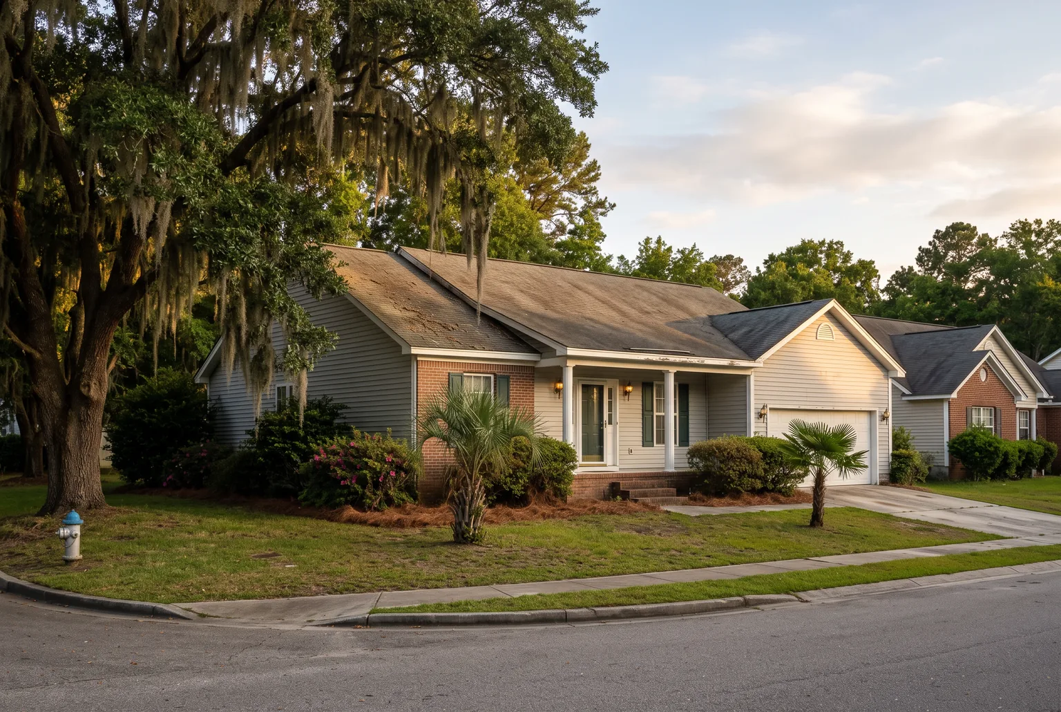 1990s gray-sided house with a brick front under a live oak hung with Spanish moss