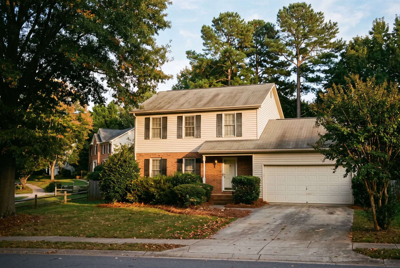 1990s two-story house with a brick front, beige siding and black shutters under tall pines