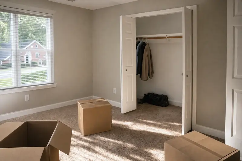 Empty sunlit bedroom with a half-cleared closet and a few moving boxes