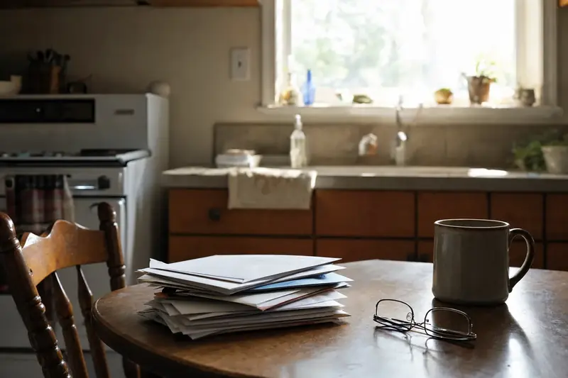 Kitchen table with a stack of unopened envelopes, a coffee mug and reading glasses