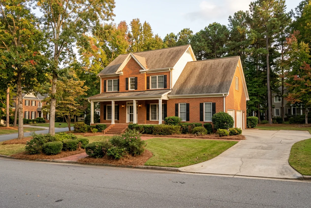 Two-story 1980s red brick house with black shutters, a front porch and a side-entry garage under mature oaks