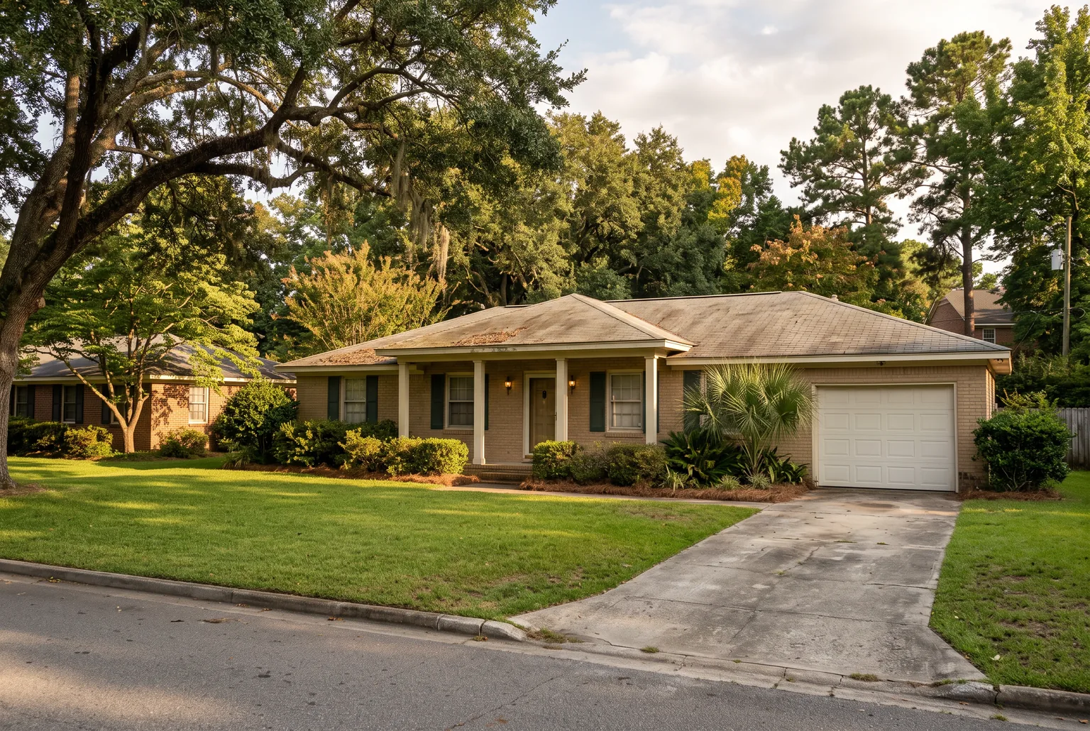 1980s tan brick ranch house with a palmetto by the porch and a live oak over the lawn