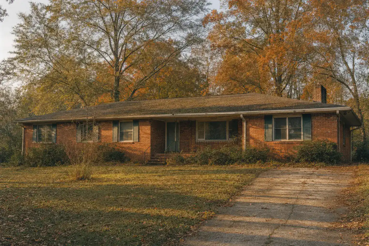 Older brick ranch house with an overgrown yard under autumn oaks