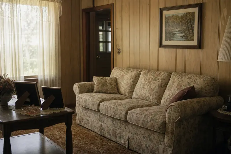 Living room in an older family home with a floral sofa and wood paneling