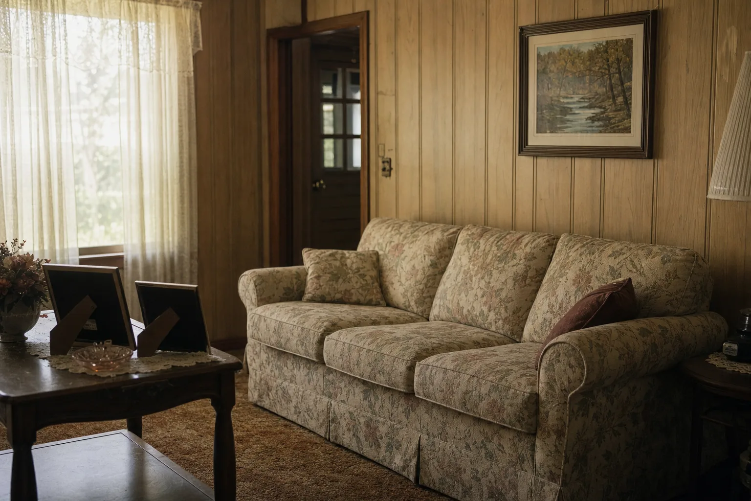 Living room in an older Georgia family home with a floral sofa and wood paneling