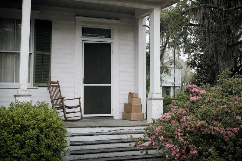 Front porch of an older white clapboard house with moving boxes by the door