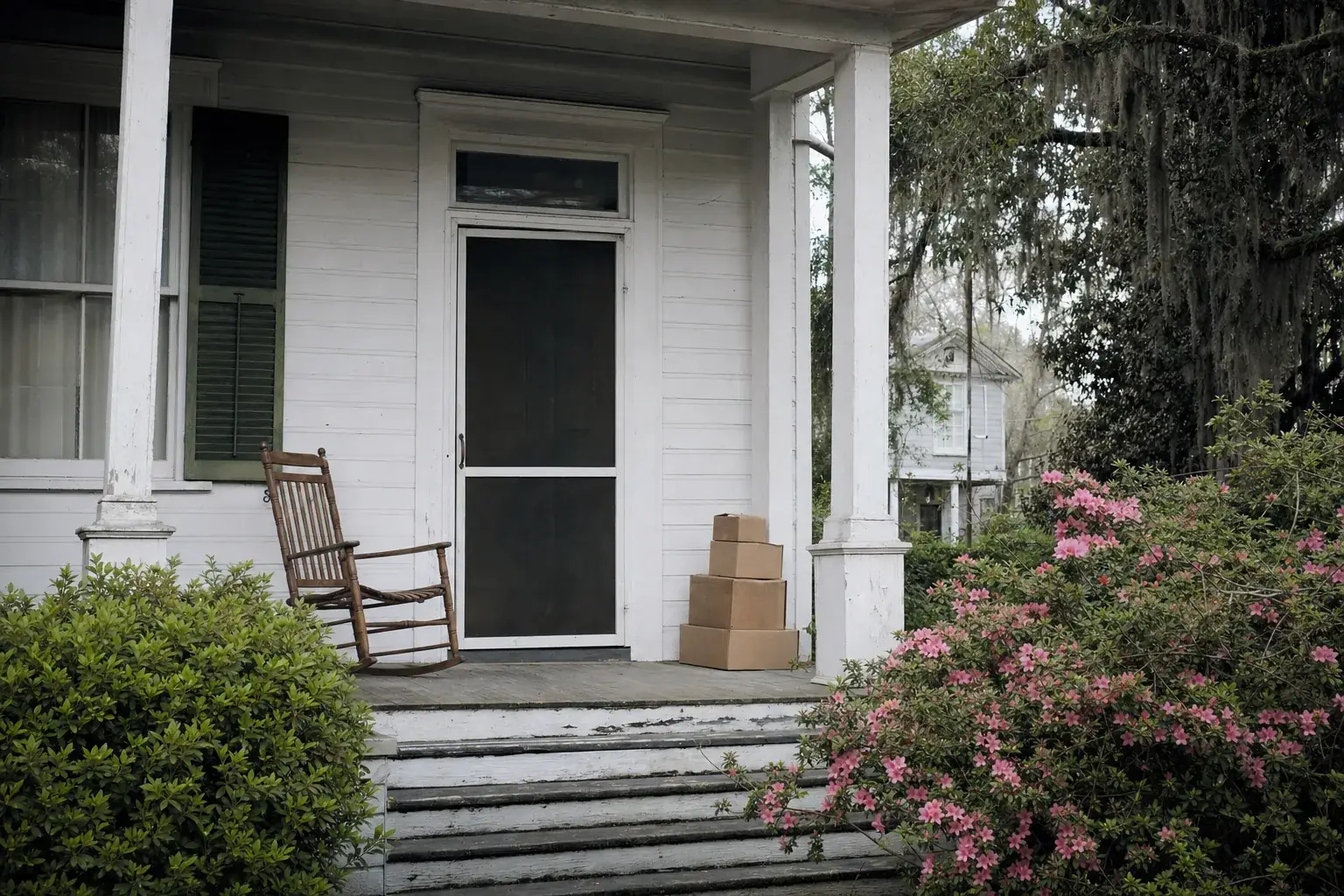Front porch of an older white clapboard house with moving boxes stacked by the door